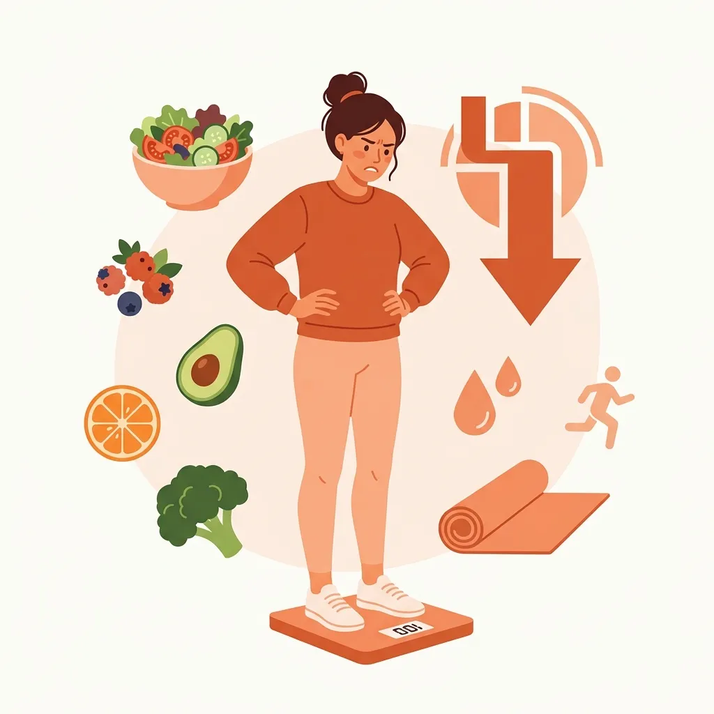 Mujer frustrada en una balanza rodeada de comida saludable pero con metabolismo lento