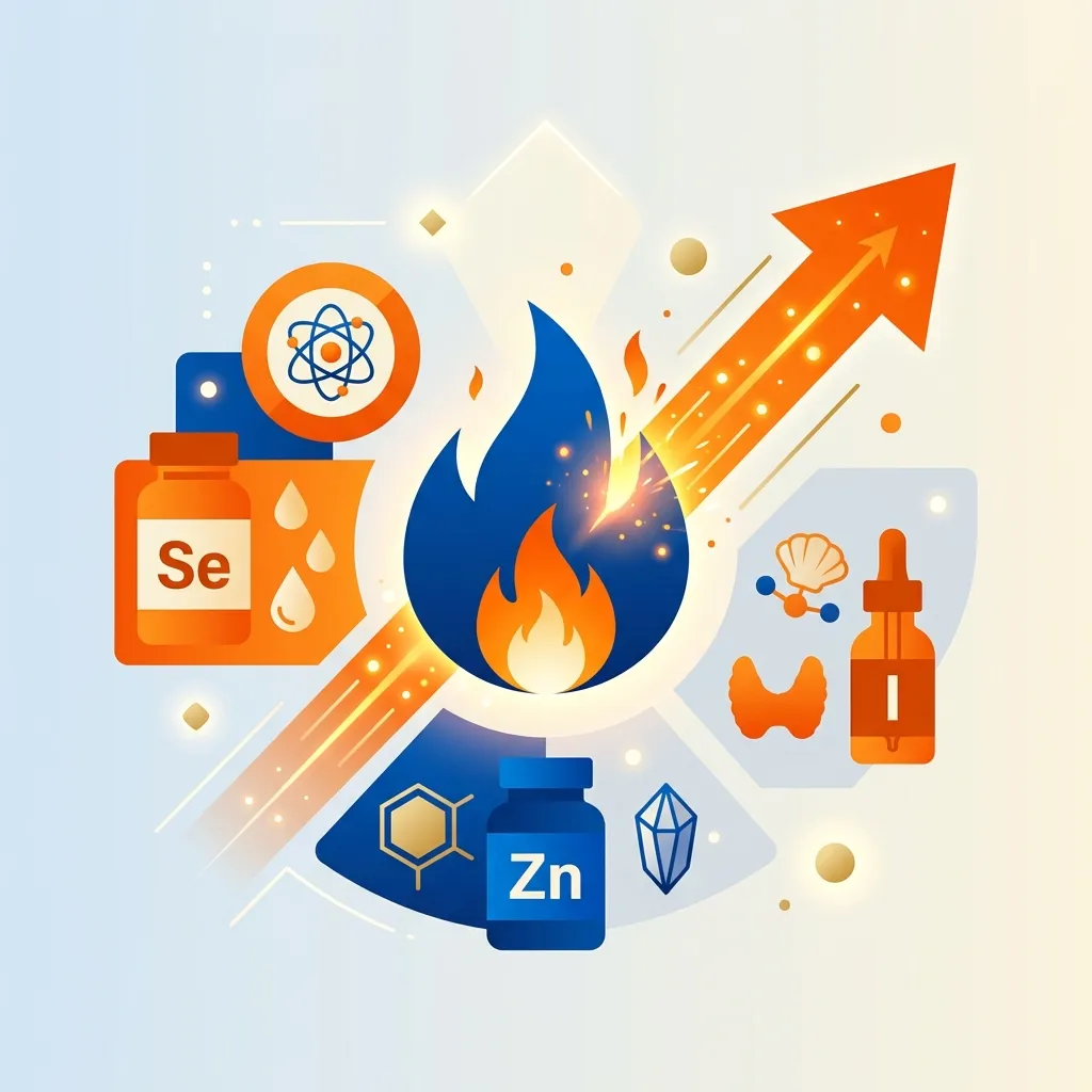 Ilustración de reactivación metabólica con minerales selenio, zinc y yodo como nutrientes clave