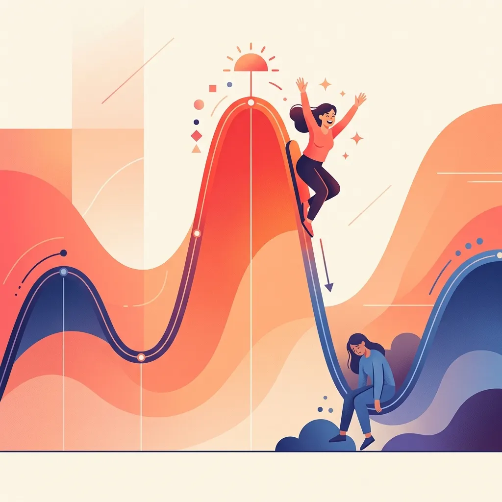 Montaña rusa de la glucosa mostrando picos de euforia y caídas de fatiga que generan antojos cíclicos