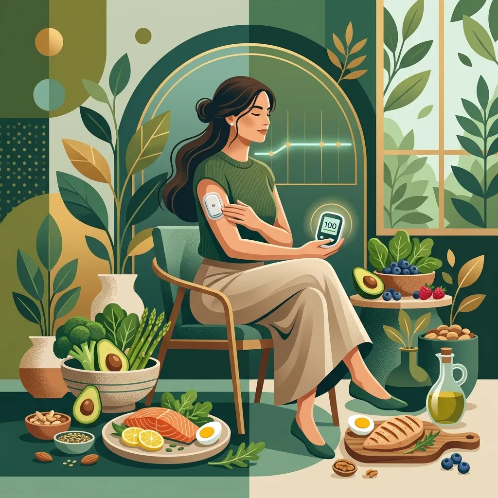 Mujer serena con glucosa estable rodeada de alimentos saludables sin antojos