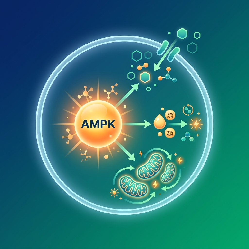 Célula humana con la enzima AMPK activada en el centro, mejorando captación de glucosa, quema de grasa y función mitocondrial