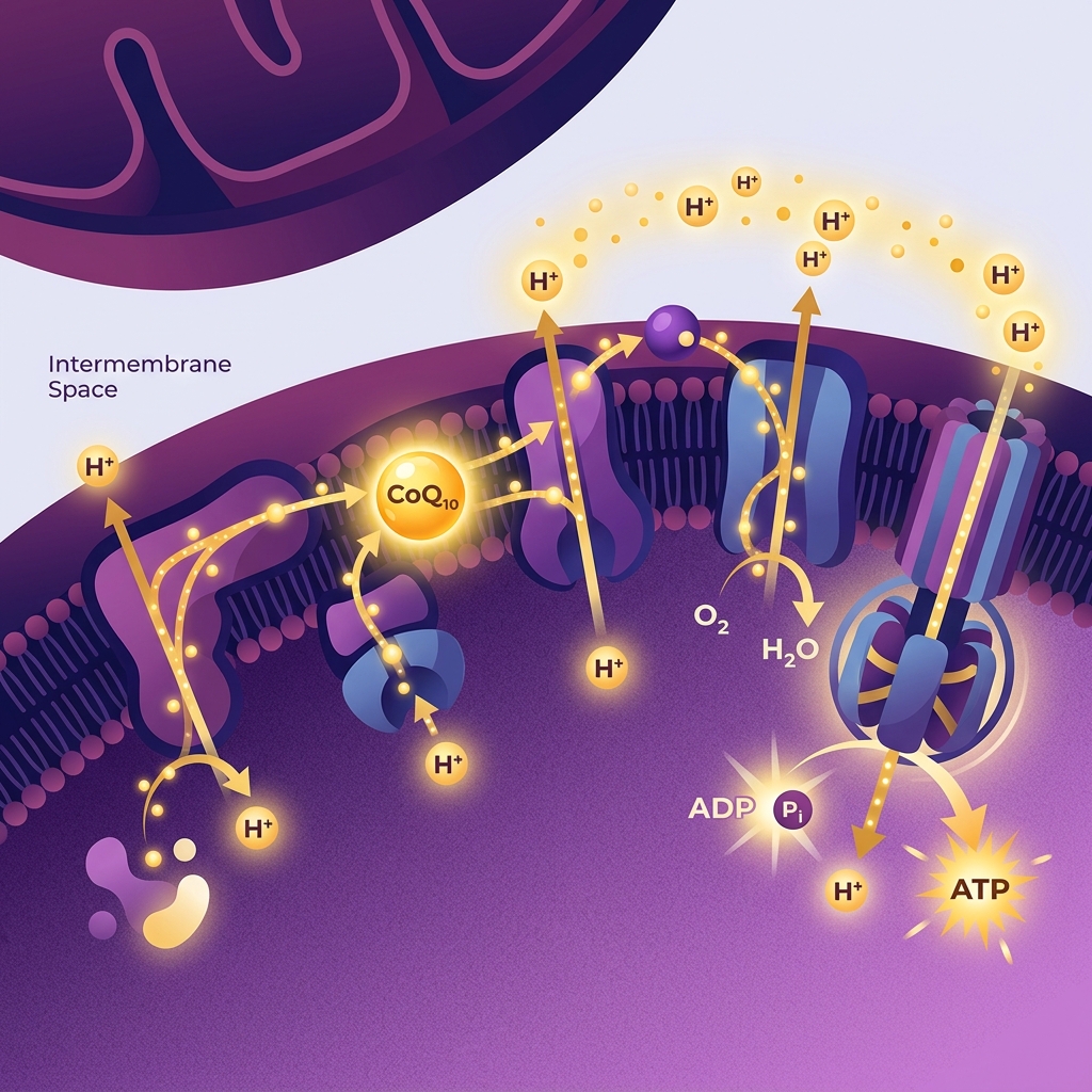 Mitocondria produciendo ATP con CoQ10 en la cadena de transporte de electrones