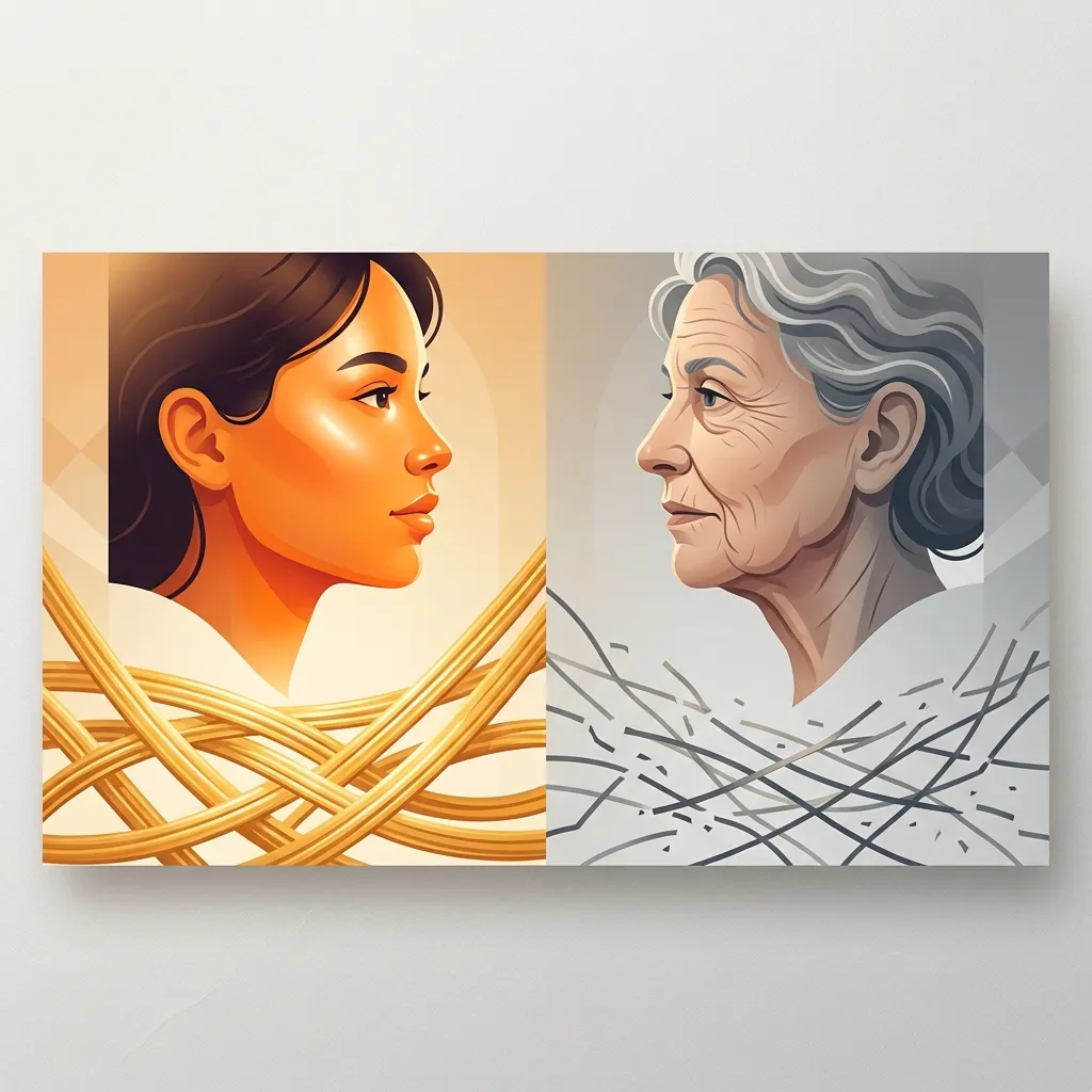 Comparación visual de fibras de colágeno jóvenes organizadas versus fibras envejecidas desorganizadas en la piel