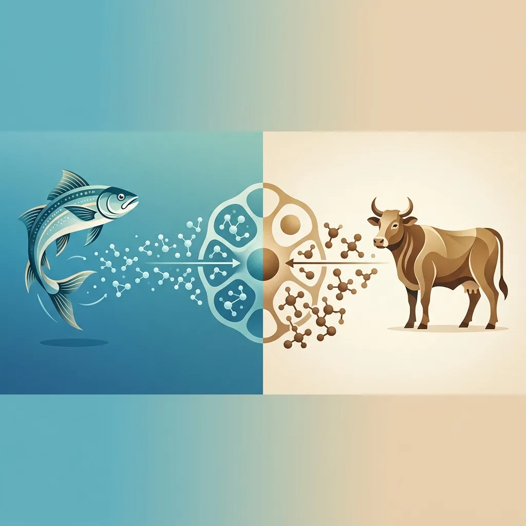 Comparación visual entre colágeno marino con moléculas pequeñas y colágeno bovino con moléculas más grandes