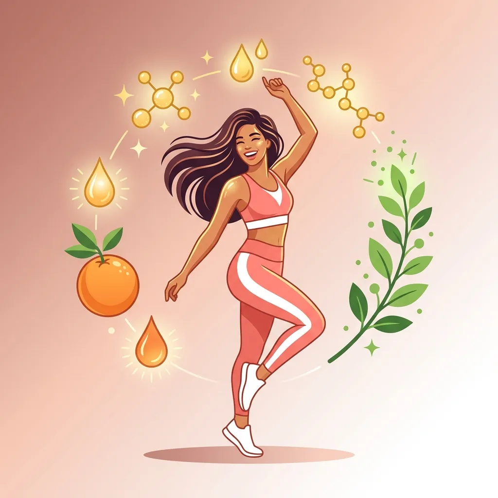 Mujer radiante con piel brillante y cabello fuerte rodeada de vitamina C, péptidos de colágeno y biotina