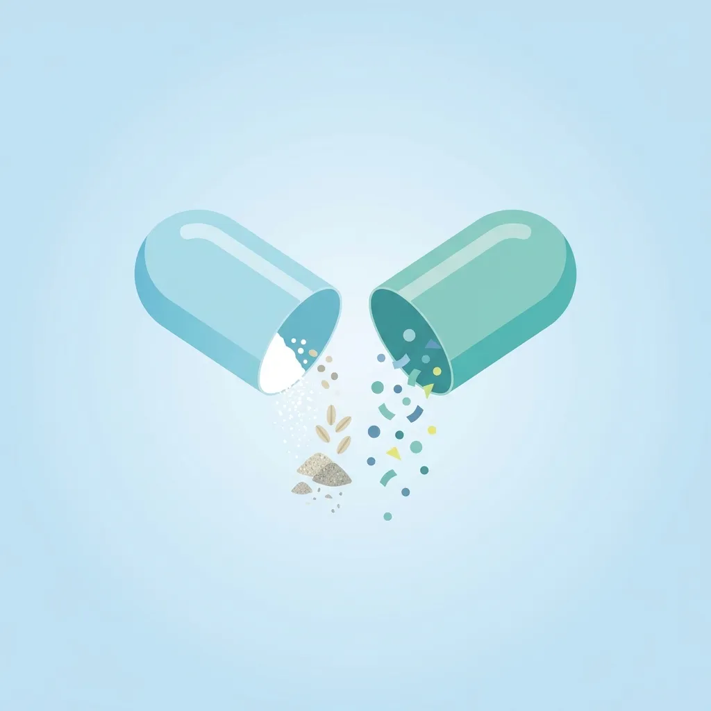 Cápsula de suplemento abierta revelando rellenos ocultos como talco y aditivos industriales