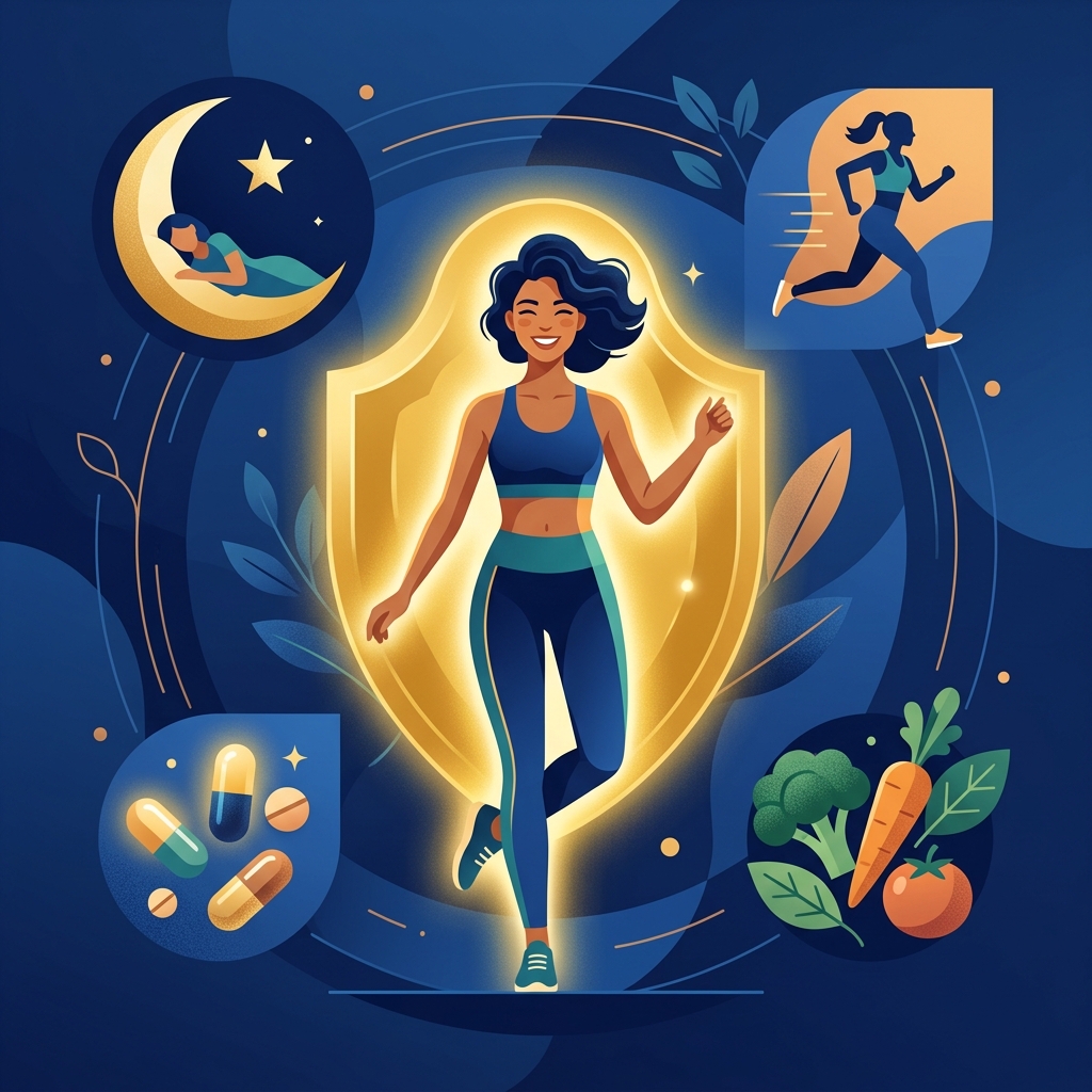 Persona radiante con aura de protección rodeada de elementos de bienestar