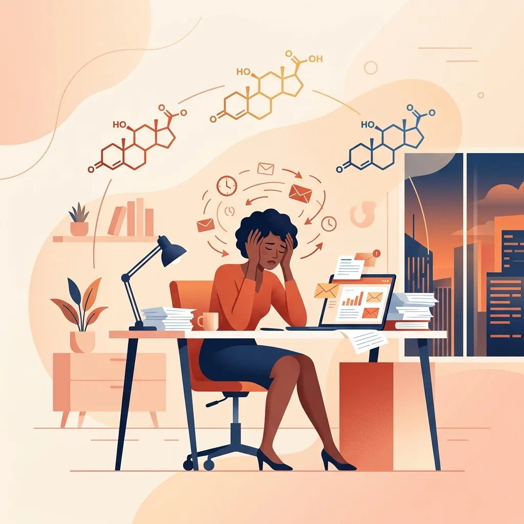Persona estresada en el trabajo con moléculas de cortisol ilustrando cómo el estrés diario activa la respuesta hormonal