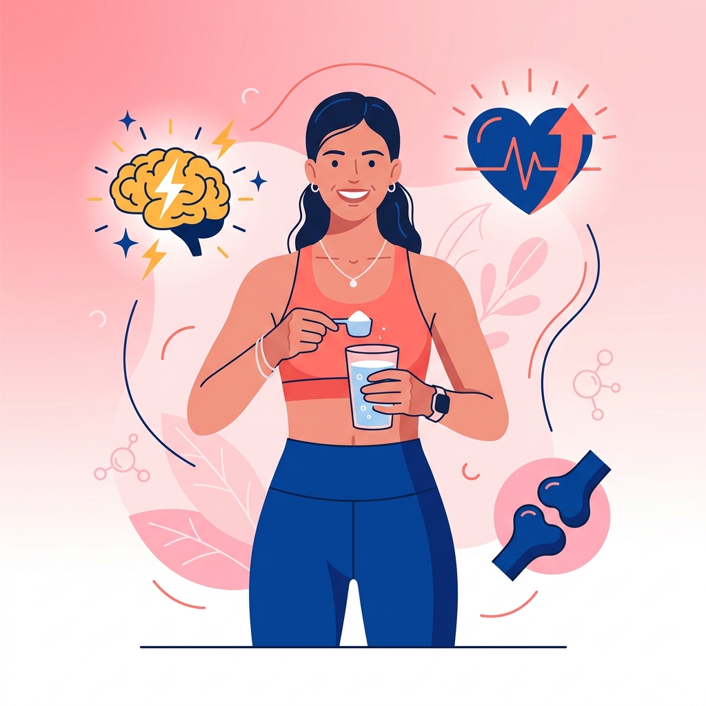 Mujer tomando creatina con iconos de bienestar: cerebro brillante, corazón fuerte y huesos sólidos