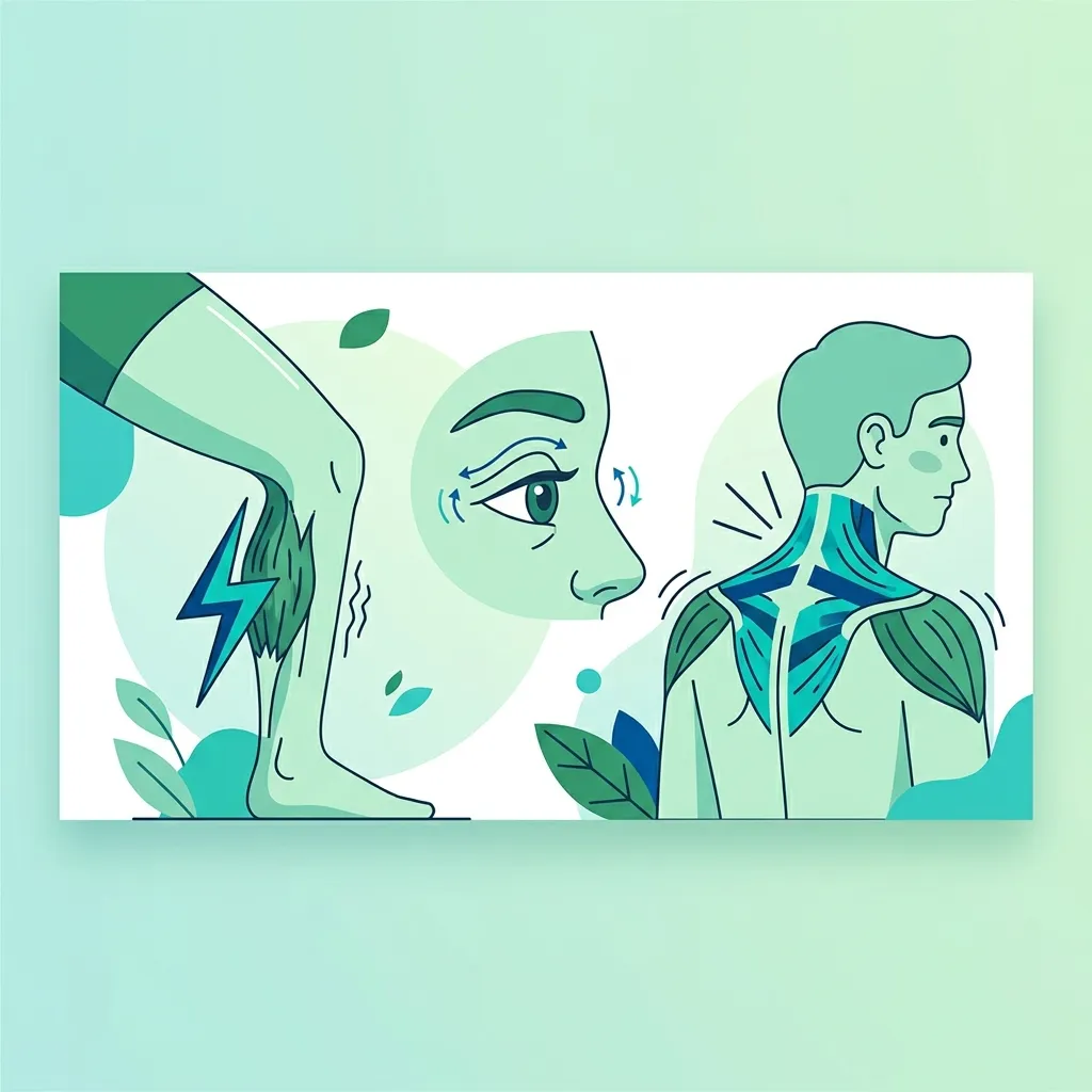 Ilustración de síntomas musculares del déficit de magnesio: calambres en piernas, párpado que tiembla y tensión cervical