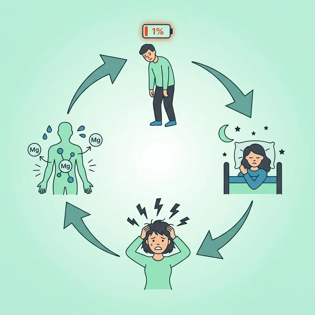 Diagrama del ciclo de fatiga: baja energía ATP, mal sueño, cortisol alto y déficit de magnesio