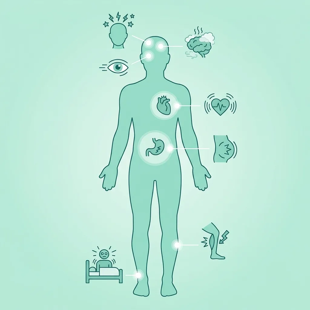 Silueta del cuerpo humano con los 7 síntomas de déficit de magnesio marcados en diferentes zonas