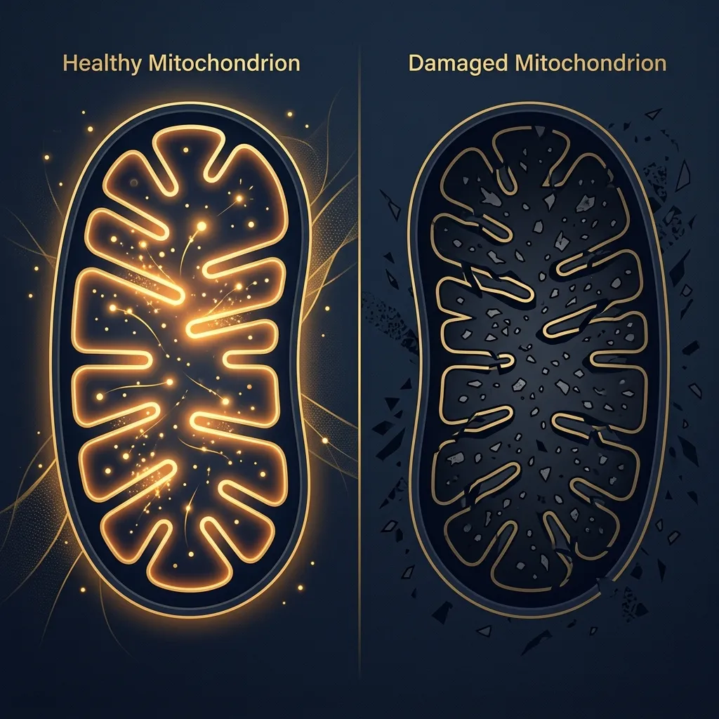 Mitocondria sana versus mitocondria dañada por estrés oxidativo