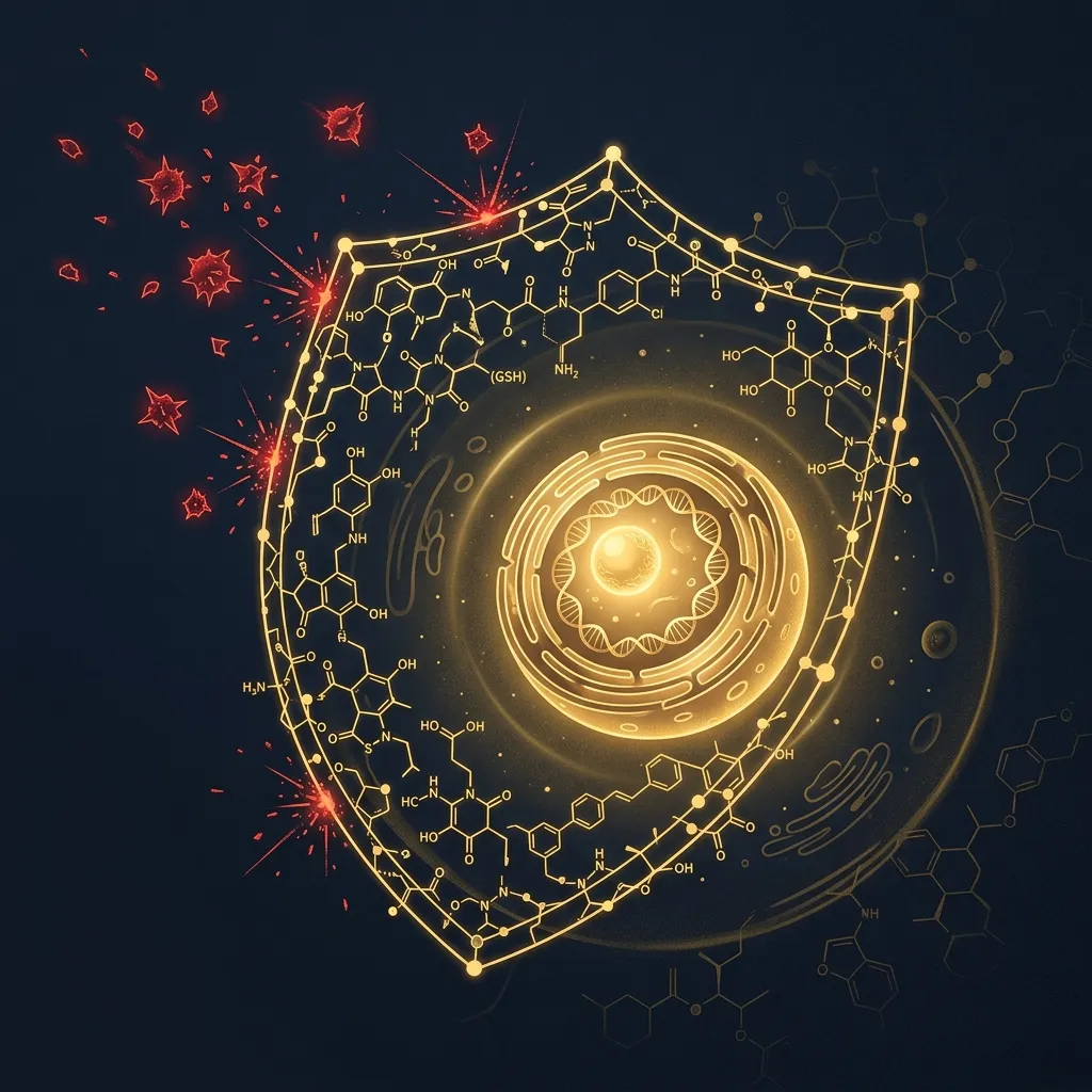 Escudo molecular de glutatión, NAD+ y CoQ10 protegiendo el núcleo celular