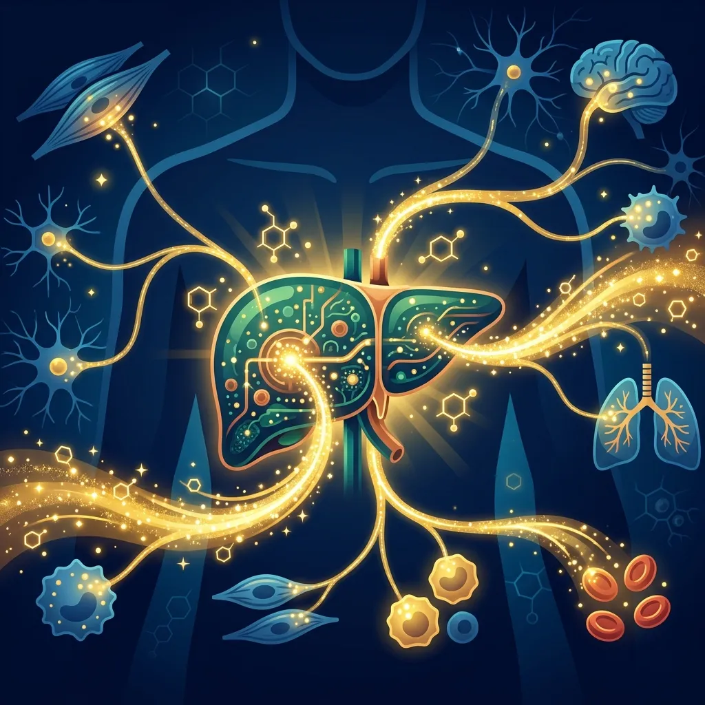 Hígado produciendo glutatión como fábrica central del antioxidante maestro del cuerpo