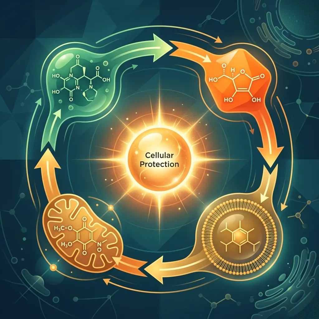 Red de reciclaje antioxidante con glutatión, vitamina C, vitamina E y CoQ10 trabajando en ciclo sinérgico