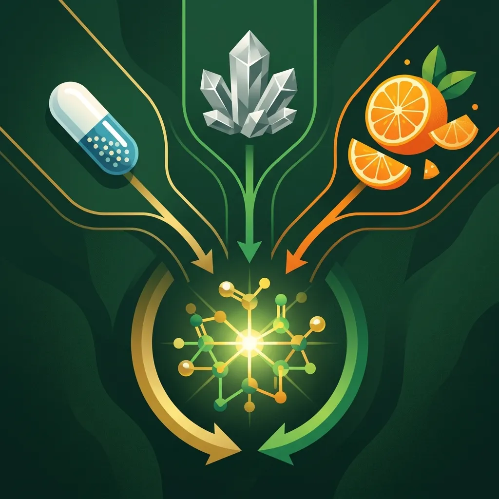 Precursores del glutatión: NAC, selenio y vitamina C convergiendo para sintetizar GSH