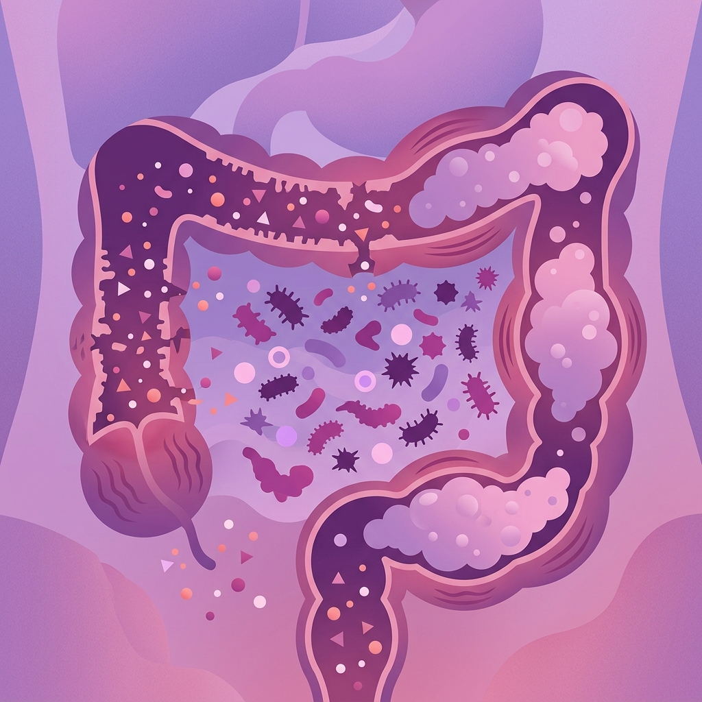 Intestino inflamado con bacterias desequilibradas, pared permeable y gases atrapados