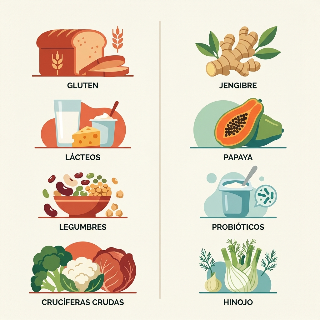 Alimentos que causan hinchazón vs alimentos que la reducen: gluten, lácteos vs jengibre, papaya