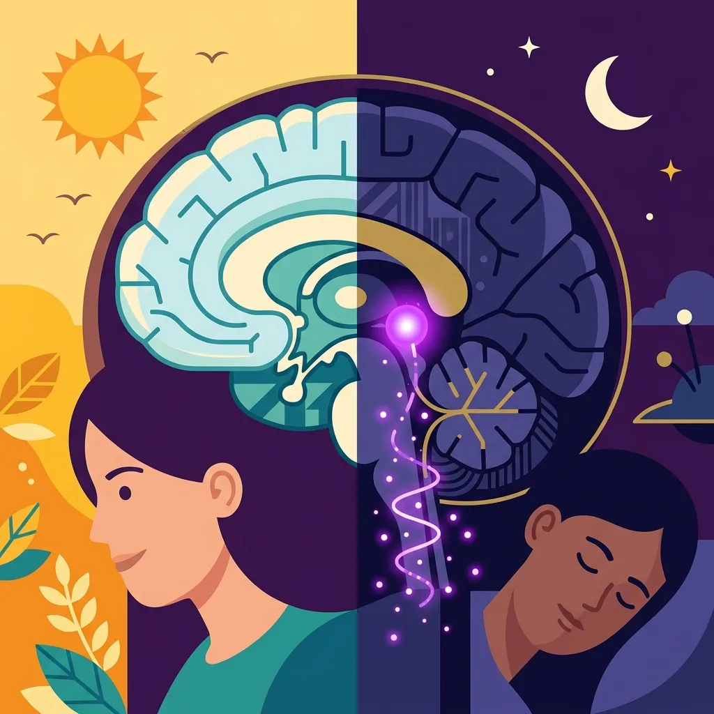 Cerebro con glándula pineal resaltada produciendo melatonina: contraste entre día activo y noche con sueño profundo