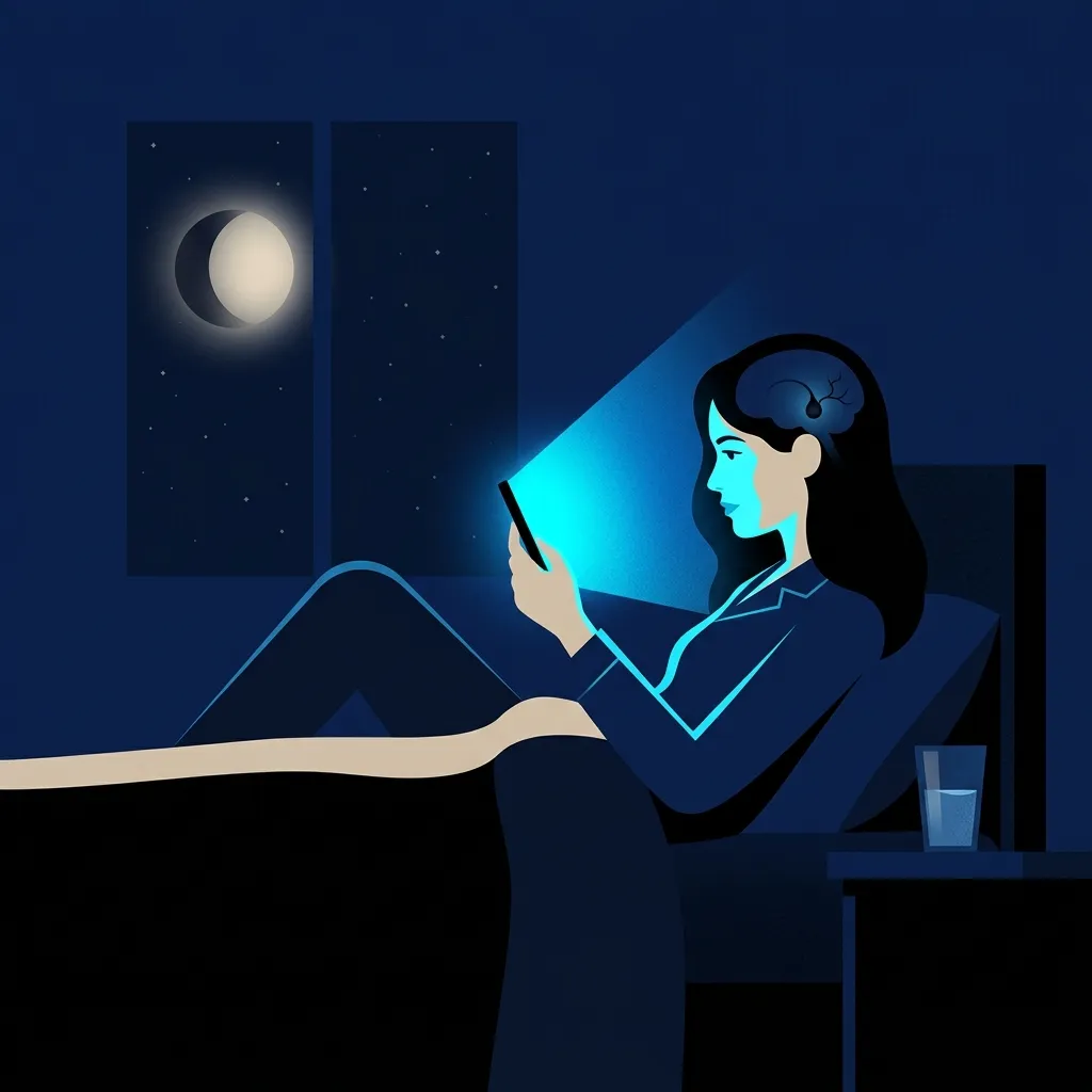 Persona mirando celular en la cama con luz azul bloqueando la producción de melatonina en la glándula pineal