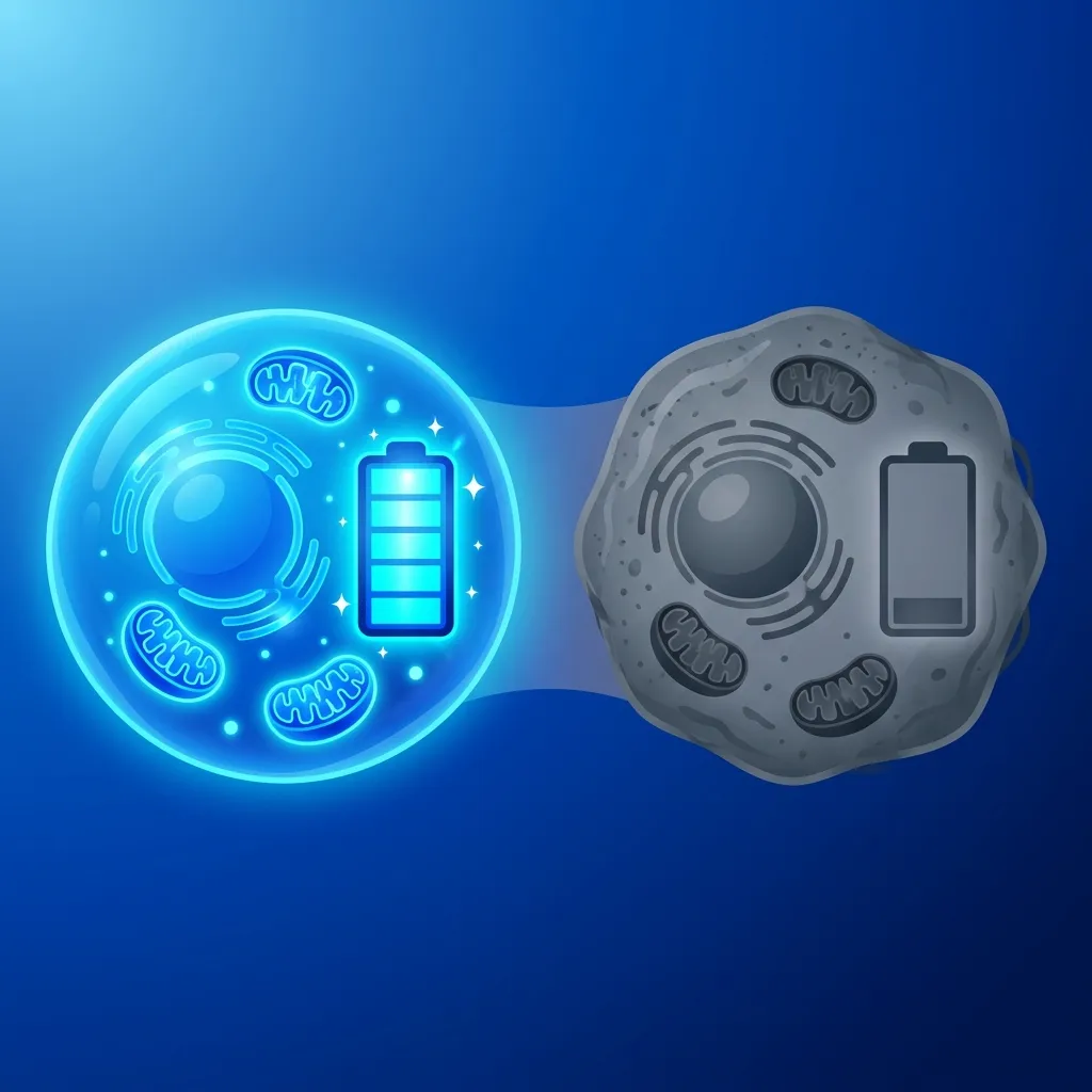 Infografía de NAD+ como batería celular: célula joven con NAD+ alto versus célula envejecida con NAD+ agotado