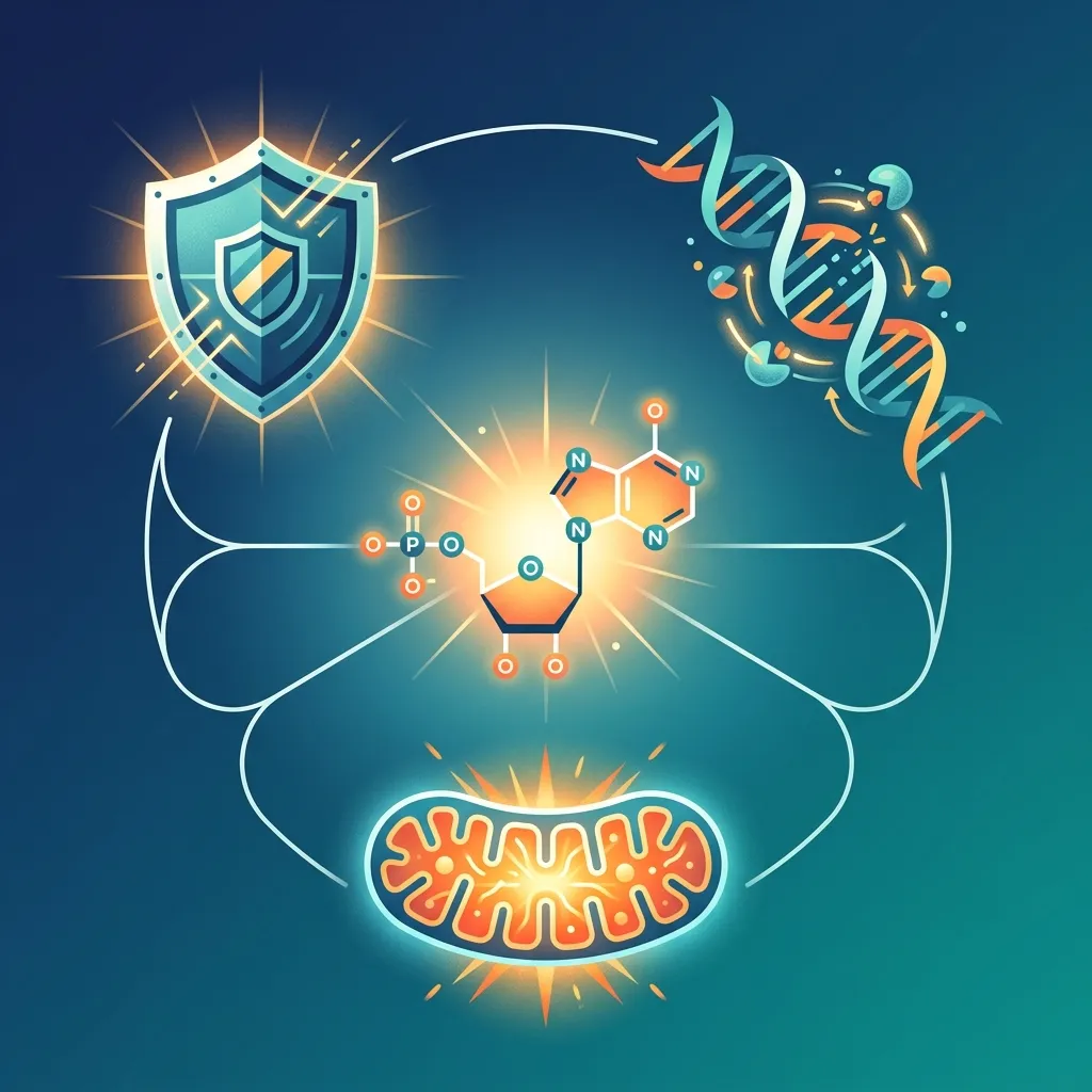 Diagrama de NAD+ conectado a tres vías de longevidad: sirtuinas, reparación de ADN y función mitocondrial