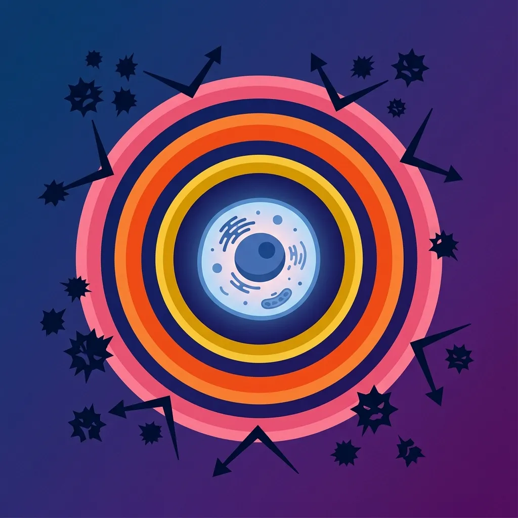 Ilustración del escudo antioxidante celular con capas de protección: NAD+ al centro, rodeado de glutatión, CoQ10 y astaxantina