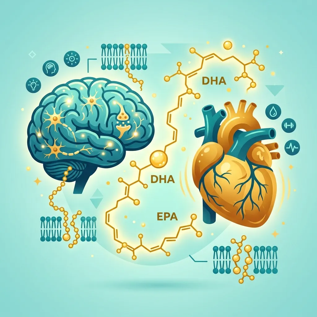 Ilustración de cerebro y corazón conectados por cadenas moleculares de DHA y EPA omega-3