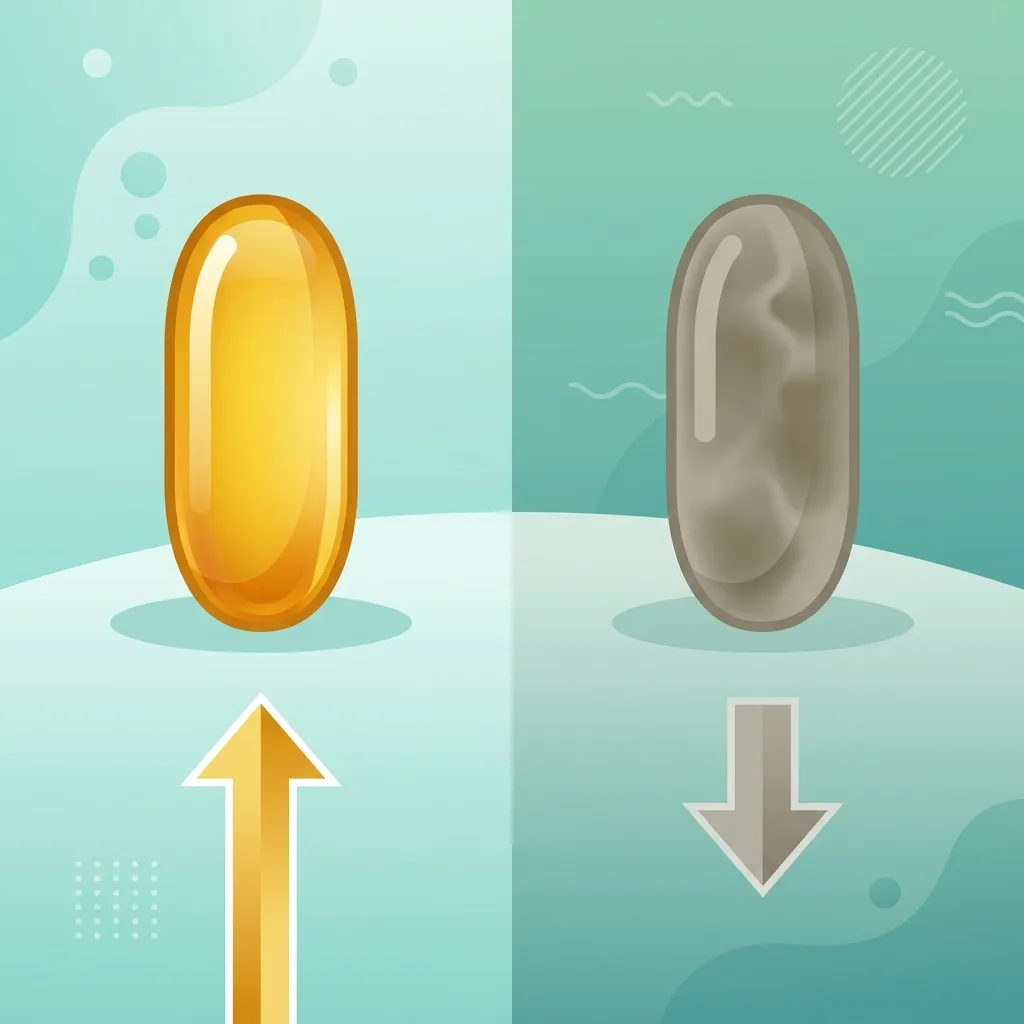 Comparación visual entre cápsula omega-3 premium forma TG y cápsula barata forma EE con niveles de absorción