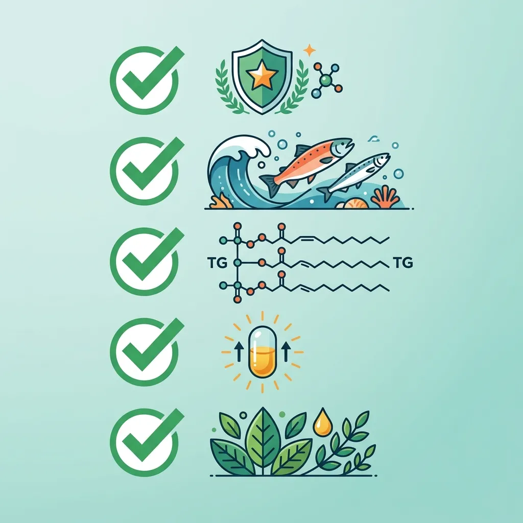 Checklist visual de los 5 criterios para elegir un omega-3 de calidad certificada