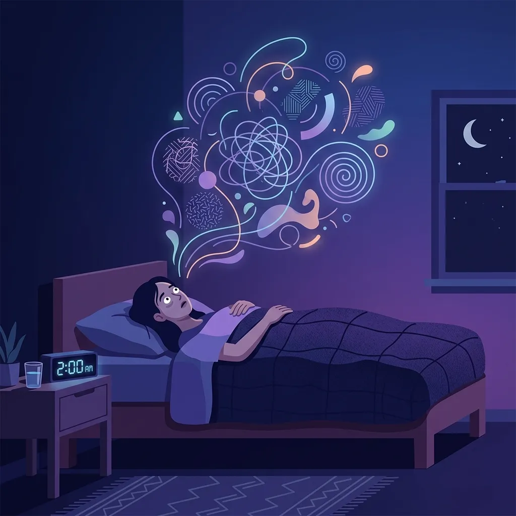 Persona despierta a las 2AM con pensamientos acelerados ilustrando el insomnio crónico