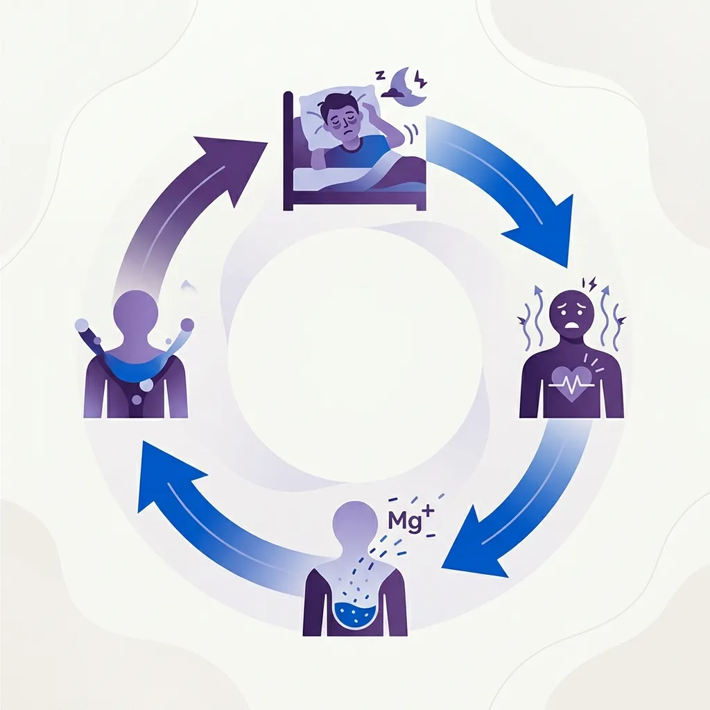 Diagrama del ciclo vicioso: mal sueño, cortisol alto, déficit de magnesio que empeora el insomnio