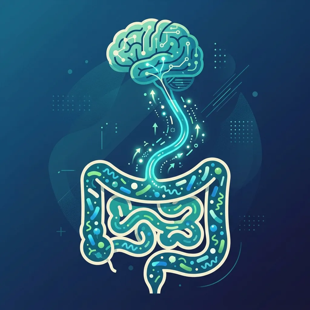 Conexión intestino-cerebro mostrando el nervio vago como canal de comunicación entre microbioma intestinal y cerebro