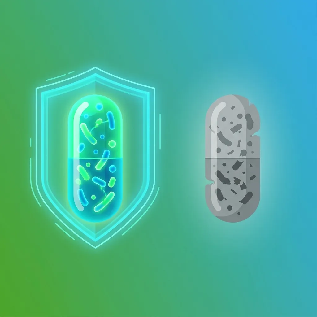 Comparación visual entre probiótico de calidad con bacterias vivas protegidas versus probiótico genérico con bacterias muertas
