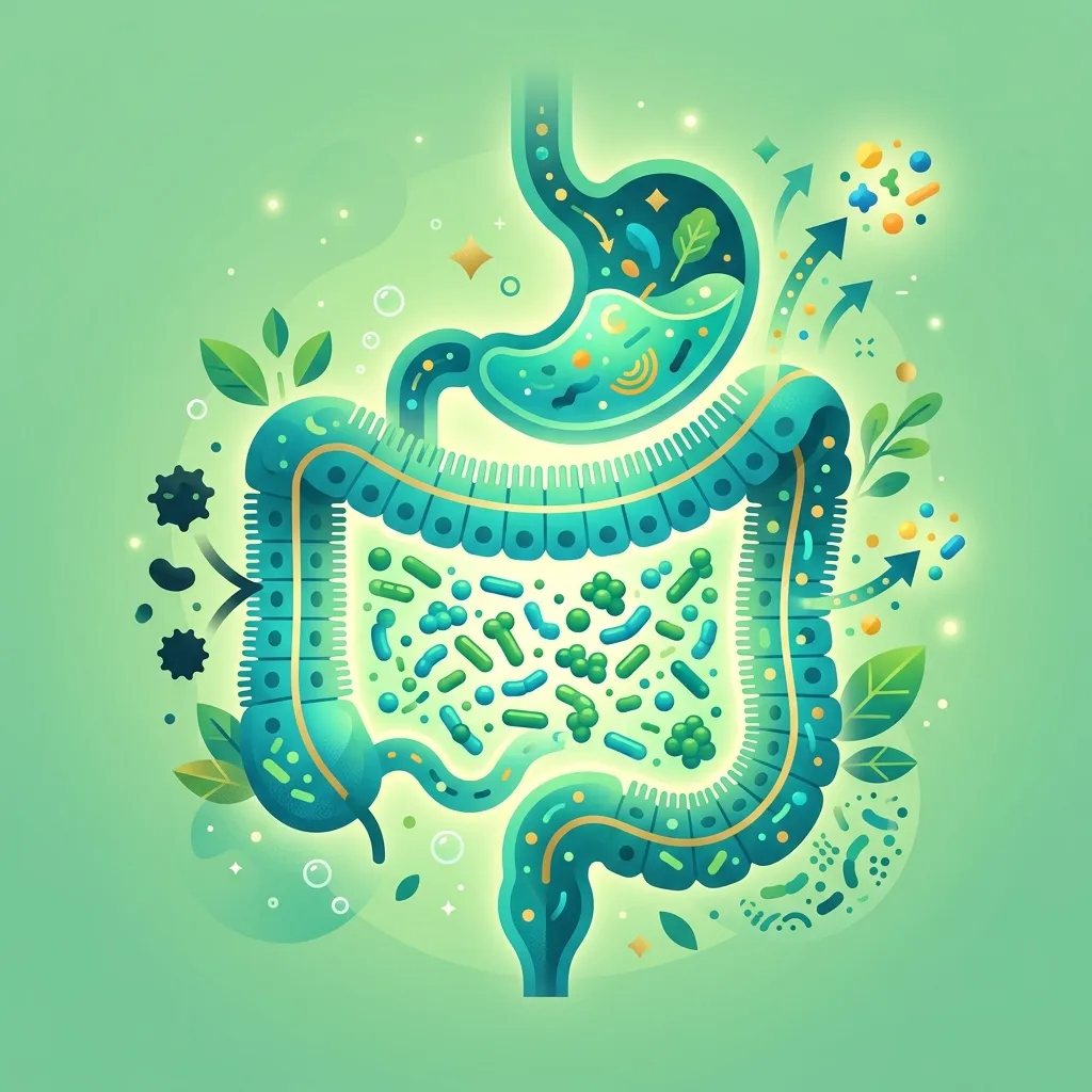 Sistema digestivo saludable con barrera intestinal intacta, bacterias beneficiosas protegiendo y nutrientes siendo absorbidos