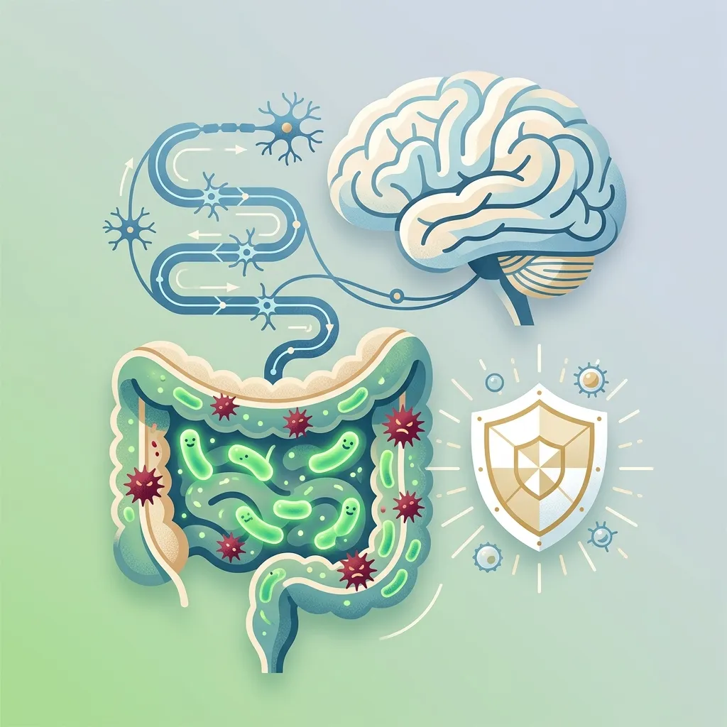 Eje intestino-cerebro-inmune mostrando la conexión entre microbiota intestinal, sistema nervioso y sistema inmunológico