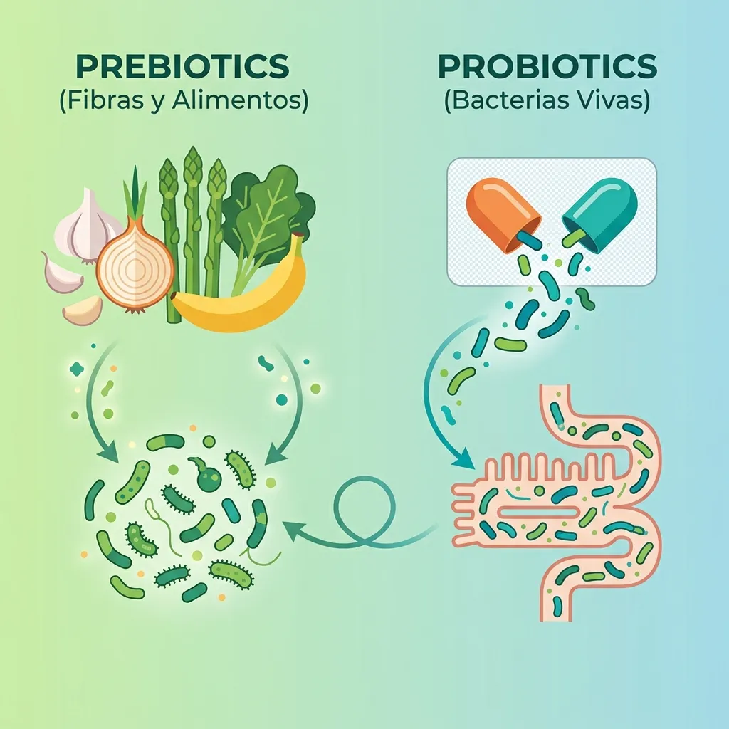 Comparación visual entre prebióticos como fibras vegetales y probióticos como bacterias beneficiosas