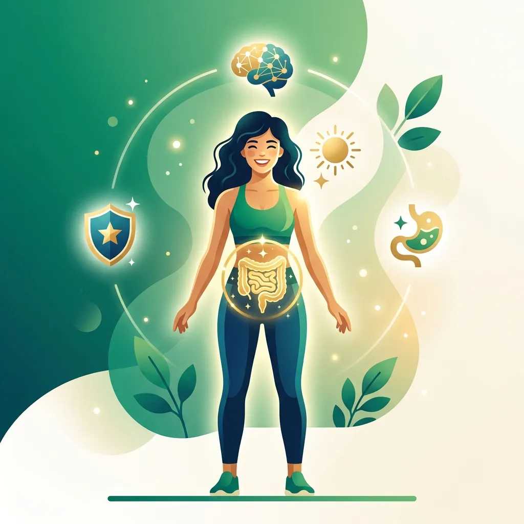 Persona saludable con intestino protegido rodeada de íconos de inmunidad, digestión y bienestar cerebral