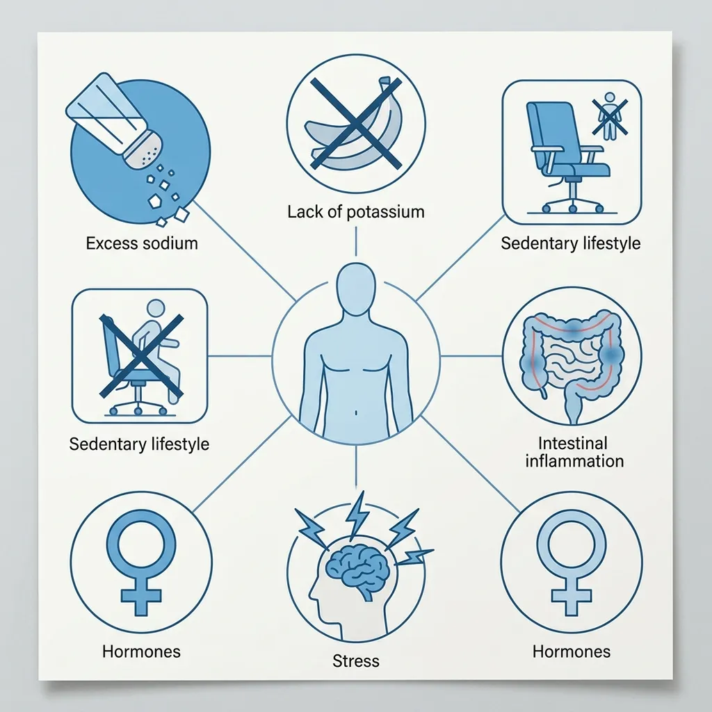 Causas de la retención de líquidos: exceso de sodio, falta de potasio, sedentarismo, inflamación intestinal y estrés