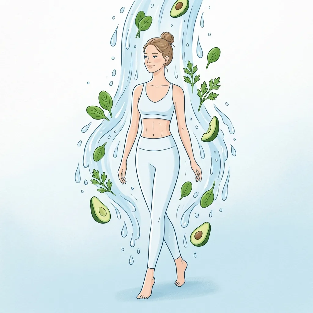 Mujer esbelta y ligera con abdomen plano rodeada de gotas de agua fluyendo libremente y hojas verdes