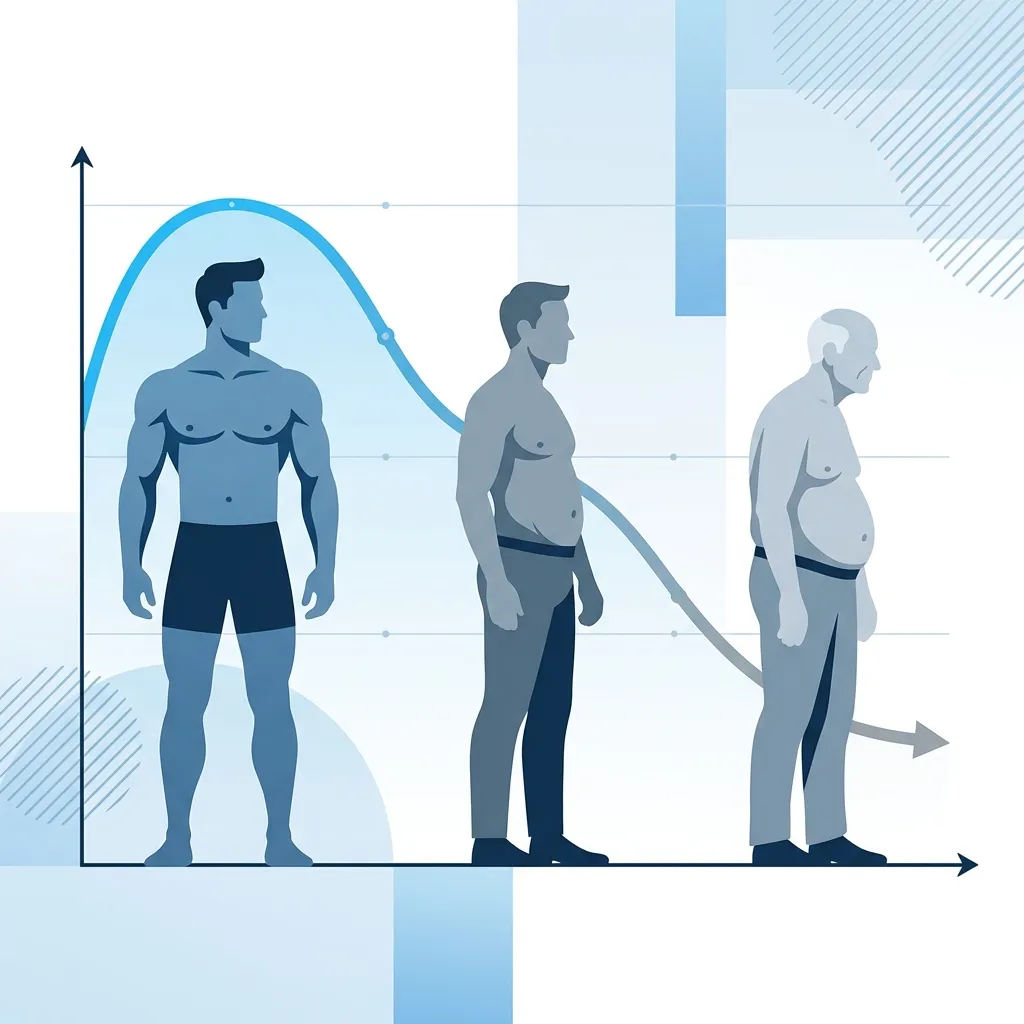 Gráfico de la caída progresiva de testosterona masculina desde los 30 años mostrando pérdida de masa muscular