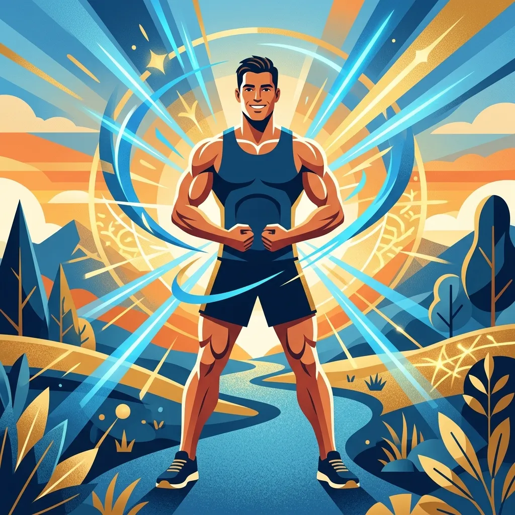 Hombre vital y energético con masa muscular definida rodeado de energía azul y dorada