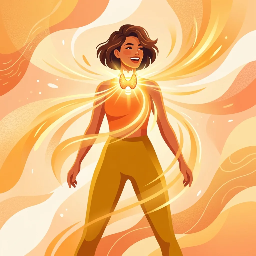 Mujer vital y energética con tiroides brillante y activa, rodeada de rayos de energía dorados