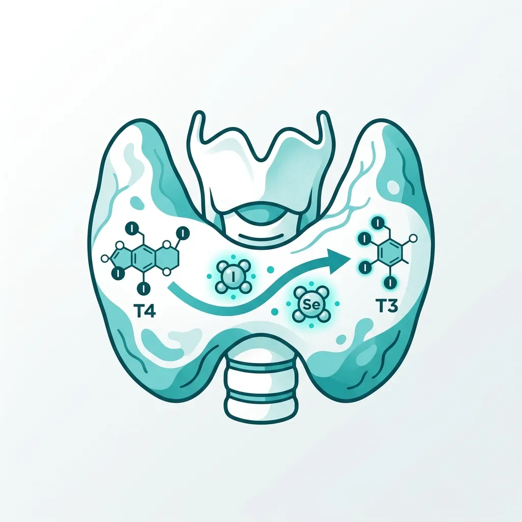 Diagrama de la tiroides mostrando la conversión T4 a T3 y los minerales necesarios