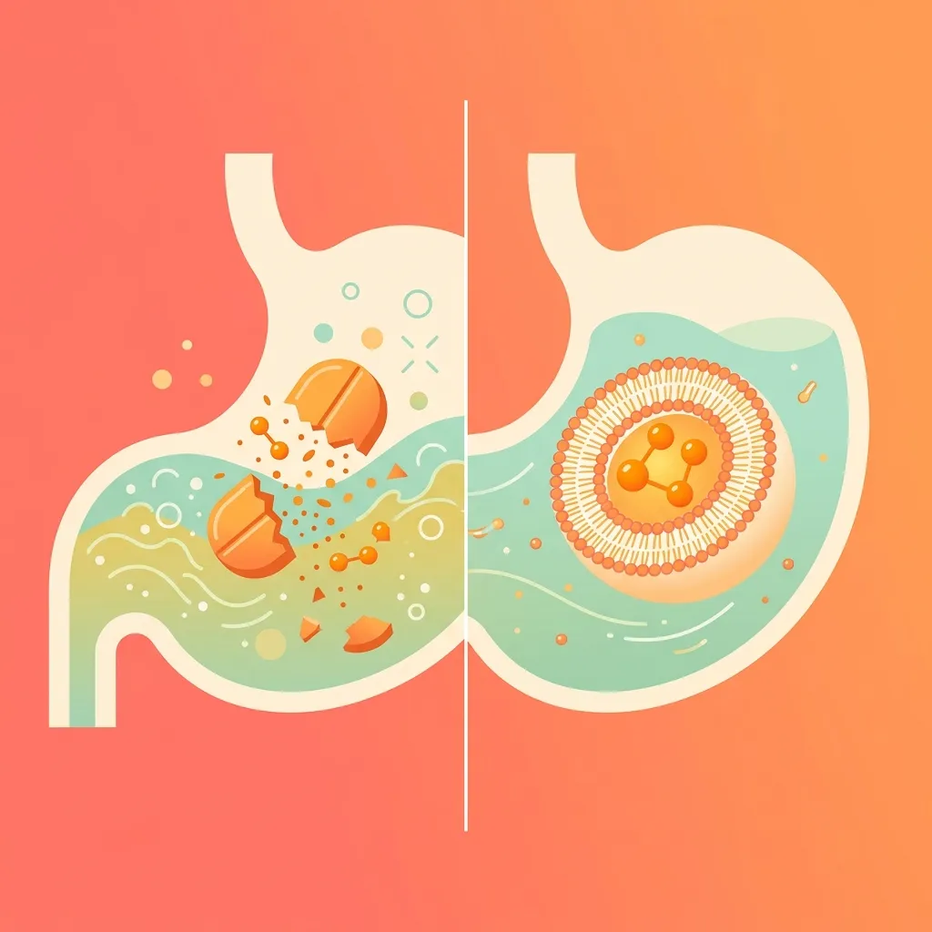 Comparación de absorción entre vitamina C convencional y vitamina C liposomal en el estómago