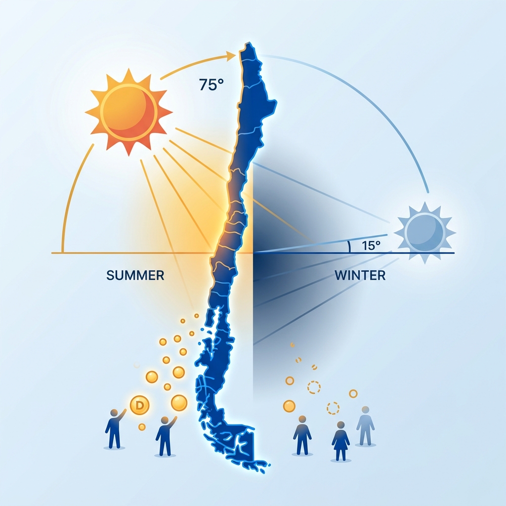 Mapa de Chile mostrando la diferencia de ángulo solar entre verano e invierno y su efecto en la producción de vitamina D