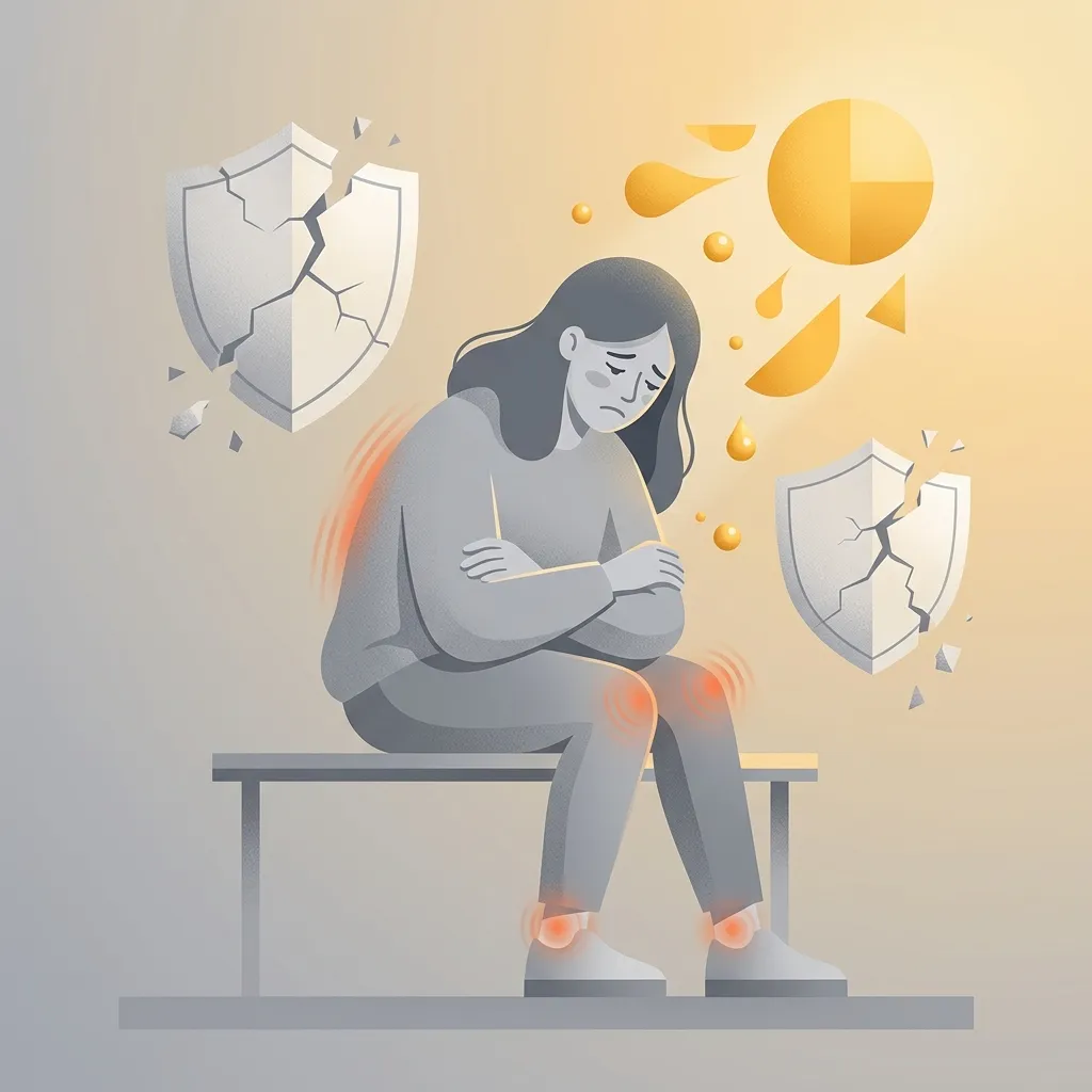 Persona con síntomas de déficit de vitamina D: fatiga, dolor óseo, tristeza y sistema inmune debilitado