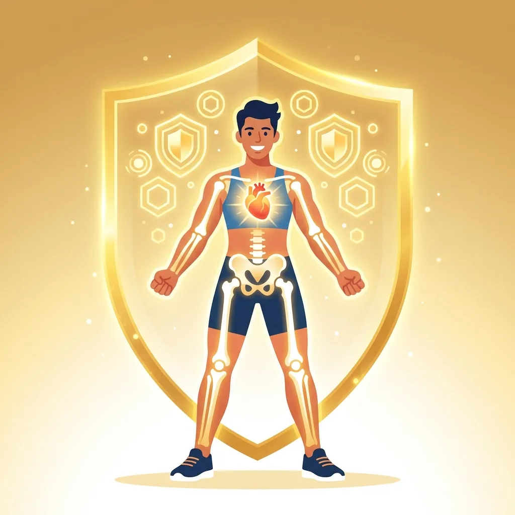 Persona radiante y saludable protegida por escudo dorado representando vitamina D3 y K2 para huesos y corazón